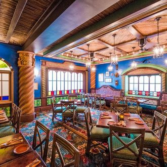 restaurant with bamboo ceiling