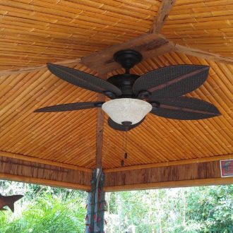 bamboo slats on a ceiling with a fan