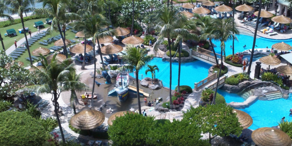 Viro reed hotel umbrellas at pool area