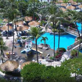 aerial view of viro reed umbrellas at a hotel