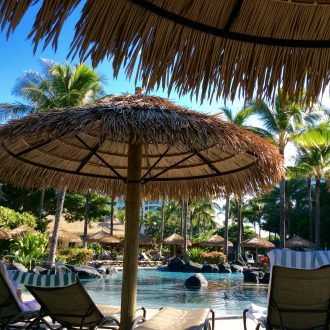 thatch umbrellas beside a resort pool