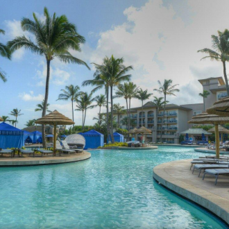 Viro reed umbrellas at a hotel pool