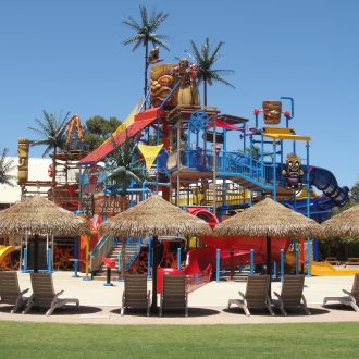 Viro thatch umbrellas at a waterpark